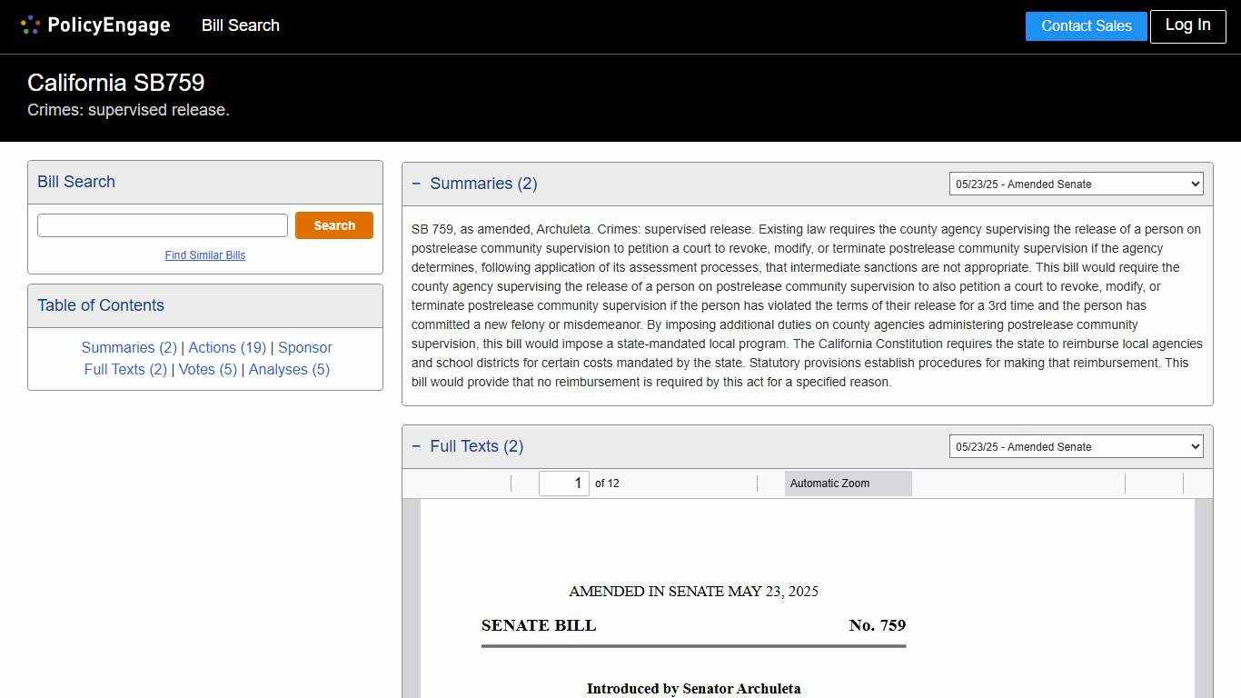SB759 California 2025-2026 Crimes: supervised release. - Legislative Tracking PolicyEngage
